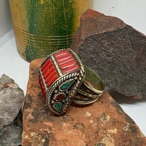 Tibetan Turquoise and Coral Ring Mid-Century. Size 9 1/4
